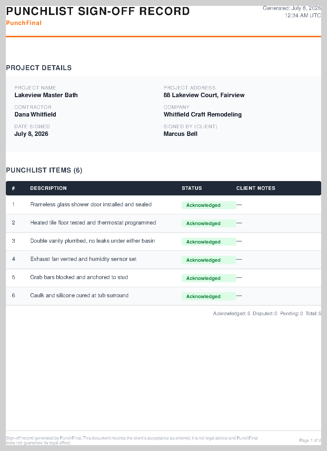 The generated sign-off record PDF: project details, each punchlist item with its accepted status, and a dated footer you attach to the invoice.