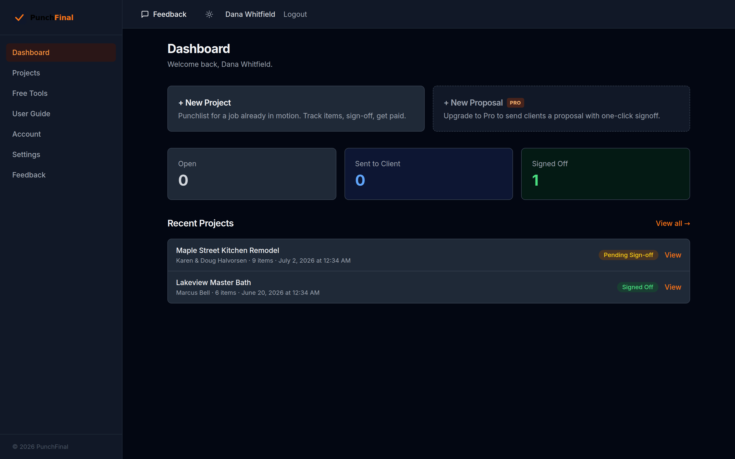 The PunchFinal dashboard: create cards, project counts by status, and recent projects.